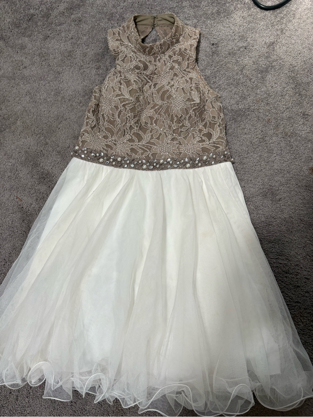 City Studio Taupe Lace Bodice Ivory Tulle Skirt Dress